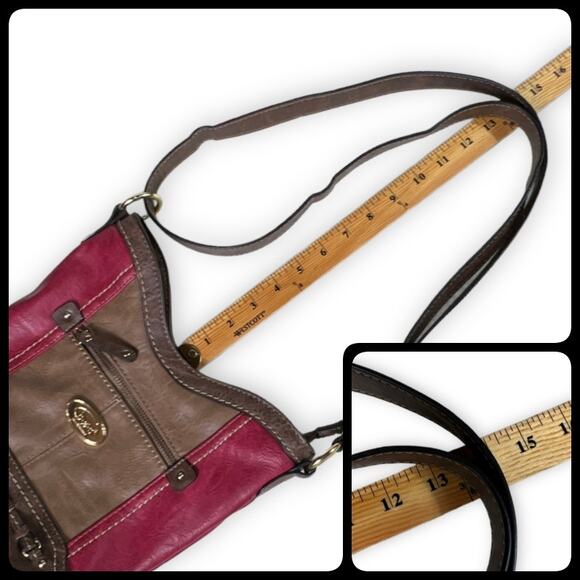 B.O.C. Cross Body Shoulder Bucket Bag Tote Purse Phone Charger Holder Red Brown - Picture 10 of 12